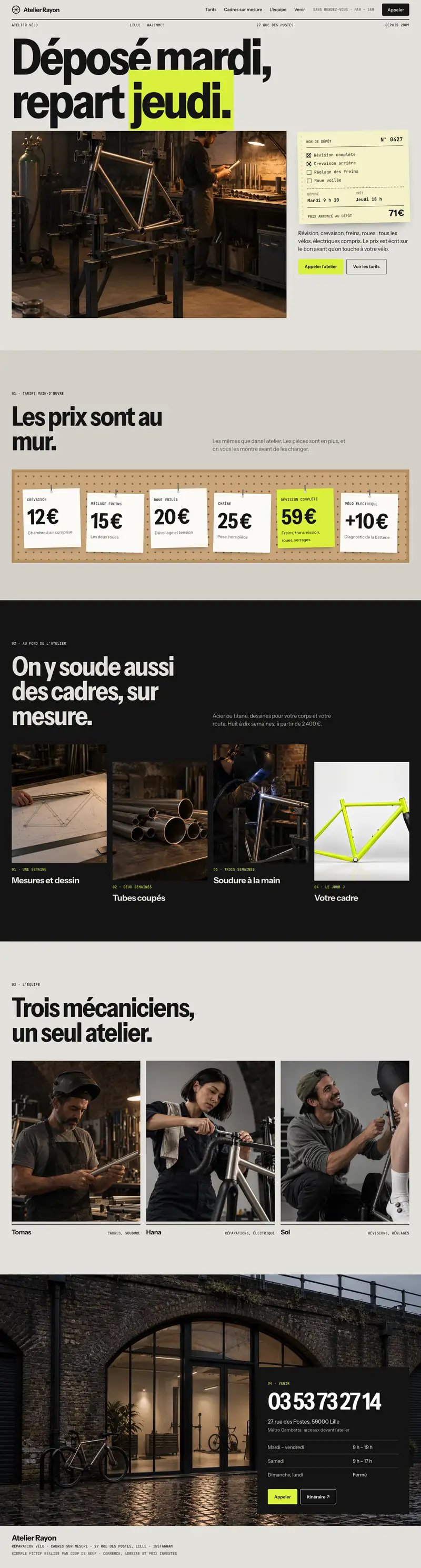 Page entière du nouveau site de Atelier Rayon, de l'en-tête au pied de page (exemple fictif)