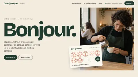 Premier écran du nouveau site de Café Quinquet (exemple fictif)
