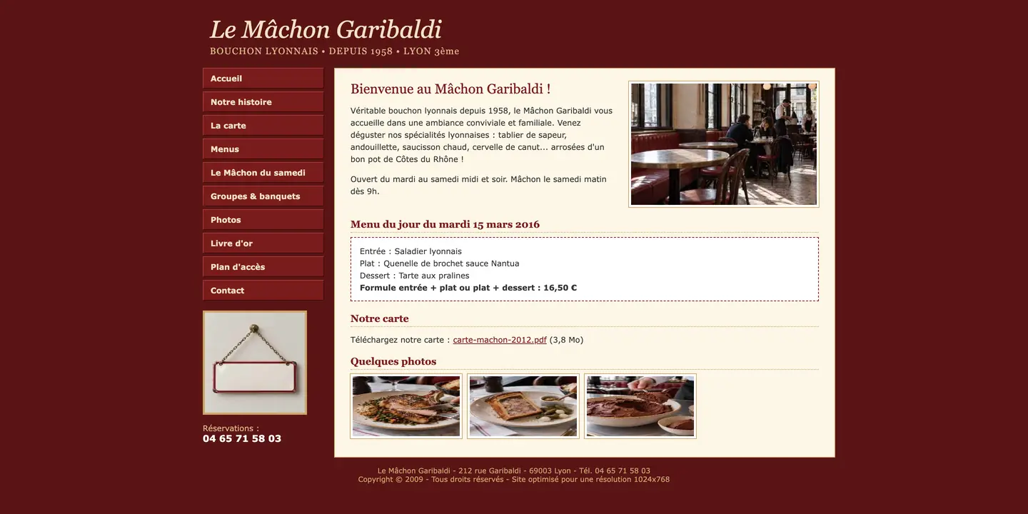 Ancien site du Mâchon Garibaldi, en tableaux depuis 2009 : menu de boutons à gauche, menu du jour de mars 2016, carte en PDF de 3,8 Mo